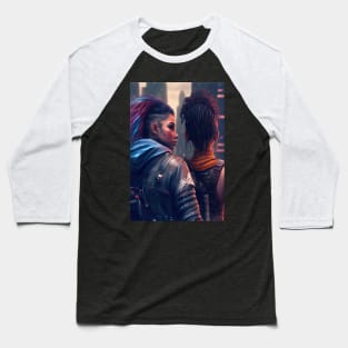 Futuristic Cyberpunk Lesbian Lovers Embrace in Emotional Portrait Baseball T-Shirt